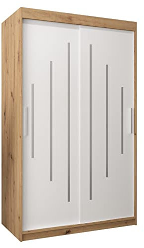 Kryspol Schwebetürenschrank York 120 cm Kleiderschrank mit Kleiderstange und Einlegeboden Schlafzimmer- Wohnzimmerschrank Schiebetüren Modern Design (Artisan Eiche + Weiß)