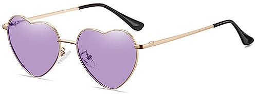 RUNHUIS Polarisiert Herzform Sonnenbrille Damen Herren Hippie Brille Vintage Liebe Sonnenbrille für Festival Party Gold Metallrahmen mit UV400 (Gold/lila)