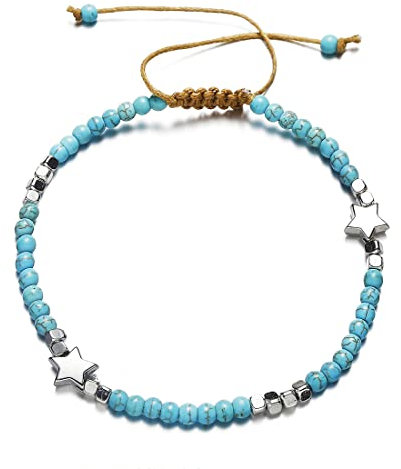 LEEQBCR 1pcs Boho Türkis Fußkettchen Stern Knöchel Armband Kette Perlen Fußschmuck für Frauen und Mädchen