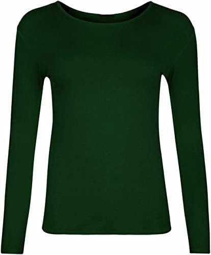 Crazy Fashion Long Sleeve Plain Tshirts for Women UK Round Scoop Neck Stretchy Formal Casual Basic Slim Fit Jersy Ladies Tee Top Plus Size 8-22 Bottle Green