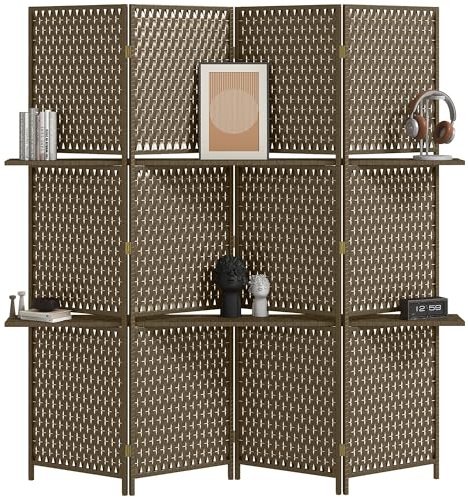 HOMCOM 4-Panel Room Divider with Storage Shelves Wave Fibre 180 cm, Brown | Freestanding Folding Privacy Screen Panels, Partition Wall Divider, for Indoor, Bedroom, Office
