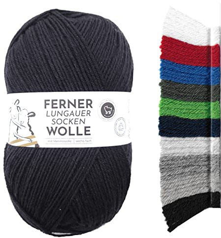 Ferner Wolle Lungauer Sockenwolle 6fach uni | mit Merinowolle mulesingfrei | Sockengarn 6-fädig einfarbig | dicke Strumpfwolle zum Stricken oder Häkeln | 150g 425m (LU6-36 schwarz)