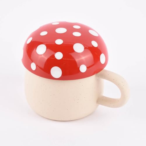 Sass & Belle Tasse mit Deckel Pilz Steinzeug beige rot weiß 320ml