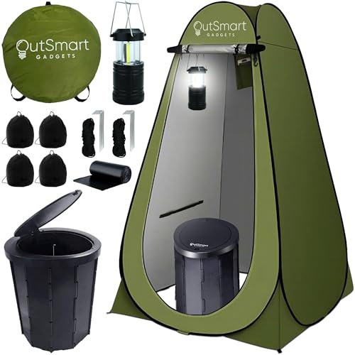 Outsmart Gadgets Outdoor Portable Toilet Set with Camping Night Lantern, Folding XL Toilet, Pop Up Privacy Tent and Carry Bags, Day and Night Multipurpose Potty, Washable and Foldable for RV Travel