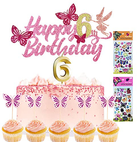 Tortendeko Mädchen Cake Topper 6. geburtstag 13 Stück Schmetterlinge deko +1 Geburtstagskerze+2 Sticker kinder Kuchen Deko Geburtstag deko mädchen Tortendeko Geburtstag, (6)
