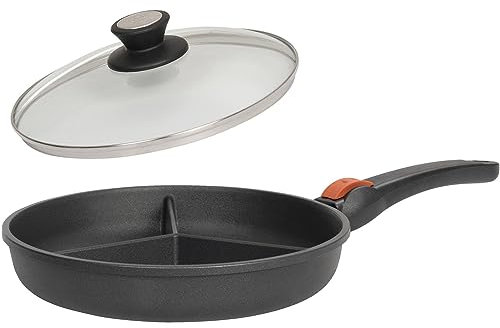 SKK große 2-tlg. Aluguss Antihaft Pfanne Ø 28 cm 3-fach geteilt - Induktion - ideal zum Braten dreierlei Speisen & Deckel - Made in Germany