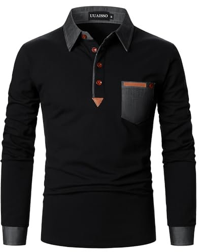 UUAISSO Poloshirt Herren Langarm Polo Shirts Baumwolle Farbe Nähen Tasche T-Shirt Slim Fit Golf Schwarz XL
