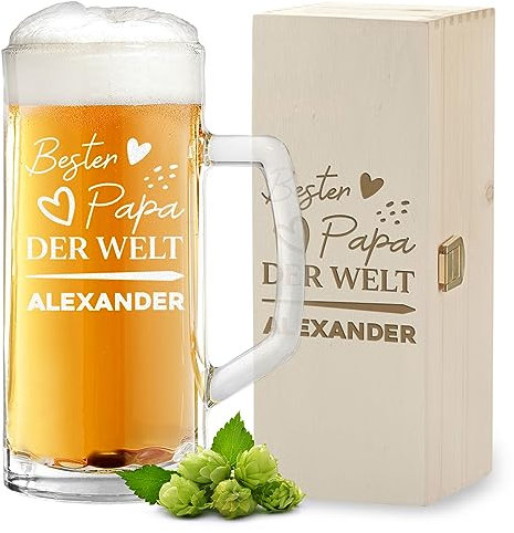 Bester Papa der Welt Bierglas personalisiert - Bierkrug 0,5 L aus Glas + Holzkiste mit Gravur zum Geburtstag - das Männergeschenk - 500 ml Bierseidel zum Jubiläum