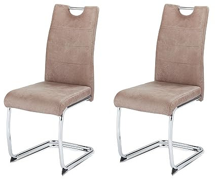 KHG 2er Set Esszimmerstühle Schwingstuhl Polsterstuhl Küchenstuhl Mikrofaser Beige - Design Stuhl Sitzhöhe 48 cm - Freischwinger mit integriertem Griff, für Büro Küche Wohnzimmer