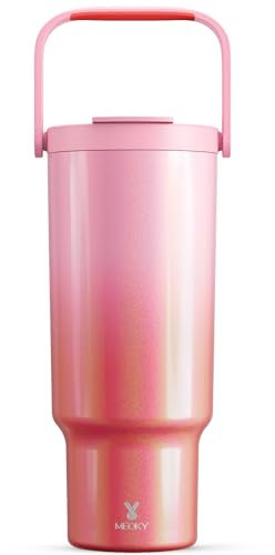 Meoky 40 oz Tumbler with Handle and Straw, Insulated Water Bottle, Stainless Steel Travel Mug, Keeps Cold for 34 Hours, 100% Leak Proof, Fits in Car Cup Holder (Flamingo)