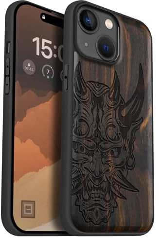 Carveit Handyhülle für iPhone 15 Cover Kompatibel mit Magsafe [Holz und TPU hülle] Magnetisch Case für Apple 15 hulle Holzdesign（Dunklesholz-Die Kunst der japanischen Oni-Maske）