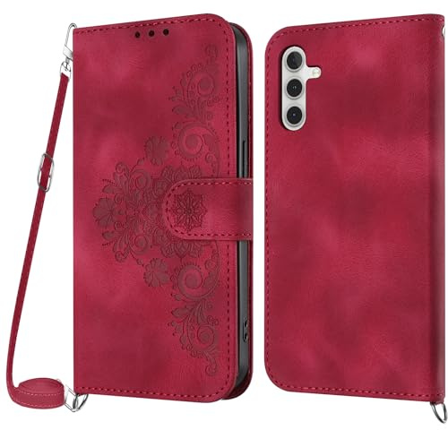 NETANY Coque pour Samsung Galaxy A14 4G/5G avec Cordon, Etui pour Samsung A14 4G/5G avec Cordon Collier, Housse en Cuir PU avec [Bandoulière Réglable] Lanyard Case Cover (Rouge)