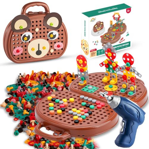 Magic Montessori Play Toolbox, Montessori Spielzeugkiste Steckspiel Mit Bohrmaschine Montessori Spielzeug ab 3 Jahre, 3D Puzzle Mosaik Montessori Werkzeugkoffer Taufgeschenke für Jungen Mädchen, Bär