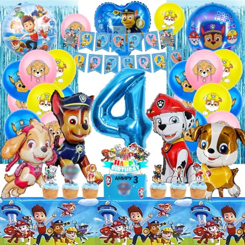 Hund Geburtstag Deko 4 Jahre, Blau Luftballon 4 Deko Kindergeburtstag, Hund Ballon Geburtstag Deko Junge, Happy Birthday Girlande, Tischdecke Kuchendekoration für Dog Theme Party set