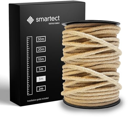 smartect Cable Electrique Textile Jute, Fil Electrique Tissu de 3 Mètres, 3 Conducteurs (3 x 0,75mm²) Cable Tissu Lampe pour Les Projets de Bricolage