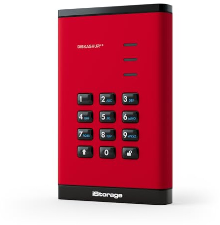 iStorage diskAshur3 SSD 16TB Red - Secure Portable SSD - Password Protection - Dust & Water Resistant - Hardware Encryption