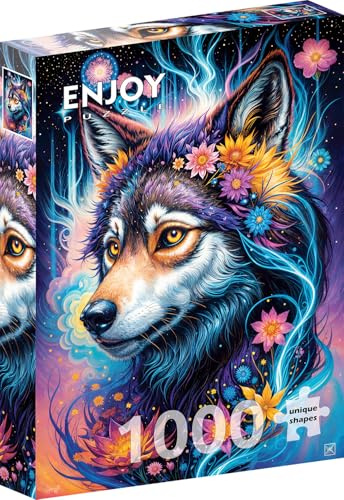 1000 Pieces Jigsaw Puzzle for Adults – Matte Finish, Soft Touch, Sturdy and Unique Pieces, Tight Fit, Vivid Colors, Missing Pieces Service – Magical Wolf Flower Fantasy Space Portrait by ENJOY Puzzle