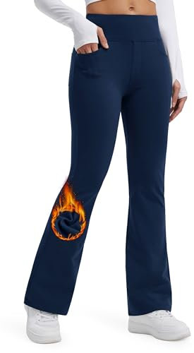 Libin Damen Thermo Flared Leggings Thermohose Wanderhose Wasserabweisend Schlaghose Winter Sporthose Trainingshose Bekleidung mit Taschen, Marineblau XS