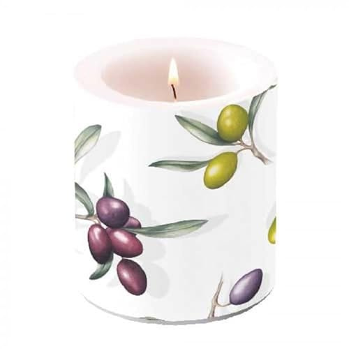 Ambiente Kerze Stumpenkerze Wachswindlicht 10 cm hoch 45h Brenndauer Oliven und Zweige Mediterran delicious olives