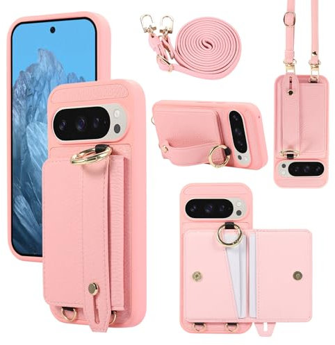 XMTON Custodia per Google Pixel 9 / Pixel 9 Pro Crossbody con portafoglio [slot per schede] [cavalletto ad anello] Custodia in pelle di Alta Qualità Cover a tracolla per Pixel 9/9 Pro, Rosa