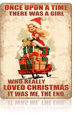 macago Targa in latta retrò con ragazza con scritta in inglese A Girl Who Really Loved Christmas, in metallo, decorazione da parete per l'inverno, divertente cartello natalizio con Babbo Natale,