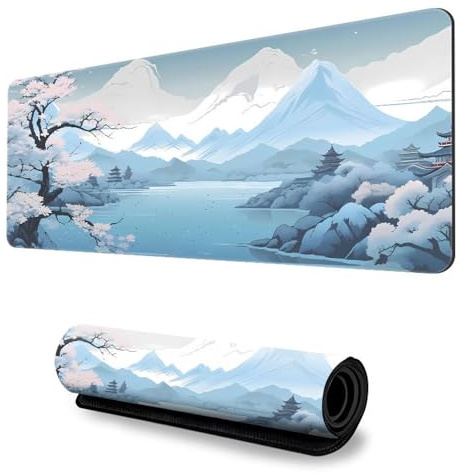 FANSU Tapis de souris à impression paysage L/XL/XXL avec bords cousus, tapis de souris de jeu avec base en caoutchouc antidérapante, grand pour le bureau et la maison (bleu ciel, 900 x 400 mm)