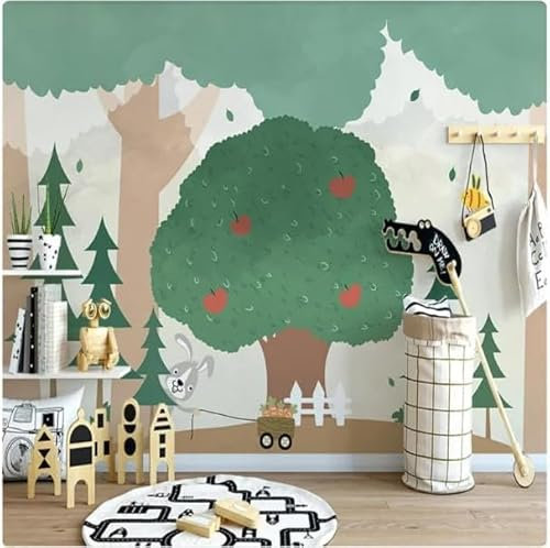 Tzxztt Green Trees Red Apples Modern 3D Wallpaper Embossed Silk Neutral Tones Material Ideal for Living Room Bedroom-300cm×210cm