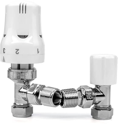 Radiator Thermostatic Valve Adjustable Temperature Control Lock Shield15mm x 1/2 BSP Brass Body Energy Saving Fits Radiators Easy Install (Angle White TRV and Lockshield Valve Set 15mm)