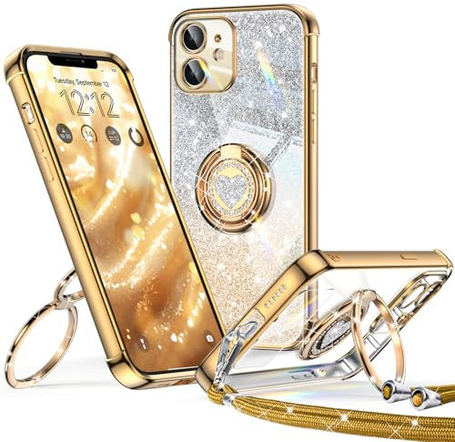 XYZ for iPhone 12 Case with Stand, Soft Cute Luxury Love Heart with Lanyard for Women Girls, Double Ring Bling Glitter Clear Protective Phone Cover Case for iPhone 12 - Gold