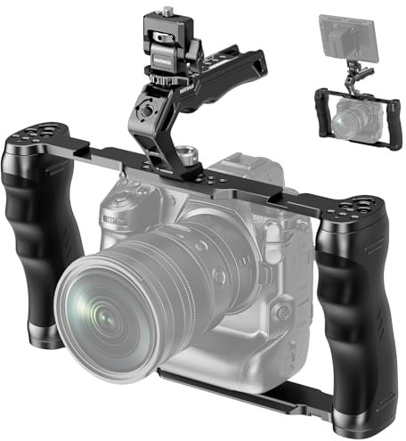 NEEWER Cámara Jaula Universal+Top Handle y Soporte Monitor Cold Shoe, Estabilizador Gimbal Cámara Tipo Arca, 2 Asas, 3/8 para ARRI, Rig Video Compatible con SmallRig Accesorios, CA016T+MA006