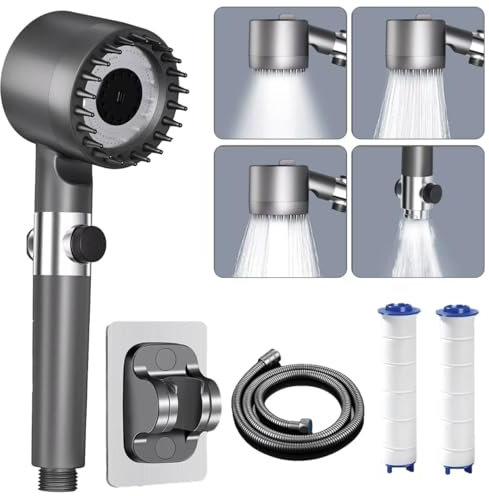 Duschkopf mit Schlauch, Duschbrause mit Filter, Duschkopf Wassersparend, Druckerhöhend Handbrause mit 4 Wasserstrahlarten, hower head mit Massagefunktion und mit Stopptaste, Metallic-Gris argenté