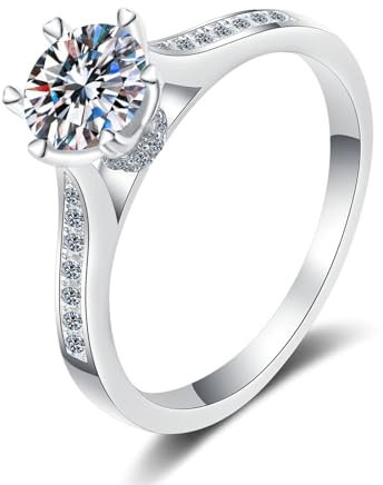 Schmuck Ringe Damen, Matching Rings 18 Karat (750) Weißgold 6 Kleine Herzzinken mit 1 Karat Weiß Rundschliff Laborgewachsener Diamant Größe 52 (16.6)