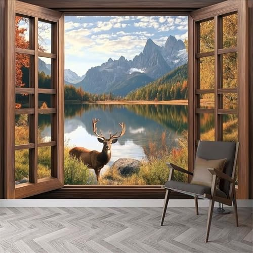 Papier Peint Panoramique Vue de La Fenêtre Papier Peint Intissé Montagne Poster Trompe l'oeil Mural 3D Art Décoration Murale Salon Chambre 150x105 cm 6450a