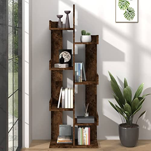 Slim High Bookshelf 48x25x140 cm Industrial Style Smoke Oak Plywood Display Shelving Unit Perfect for Office & Study SpaceSaving Storage Solution.