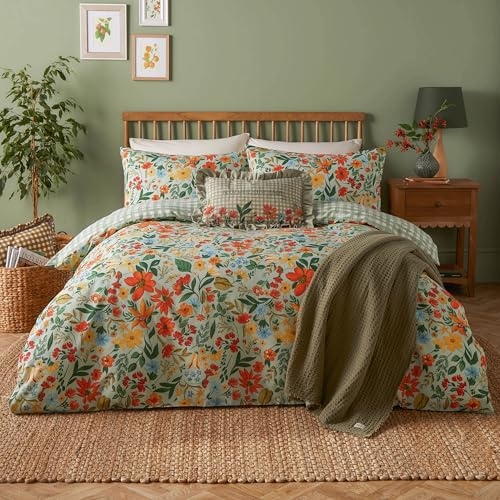 furn. Meadow Haze Bettbezug Set – Wildflower Countryside Wende Polycotton (Grün – Doppelbett – 200x200cm)