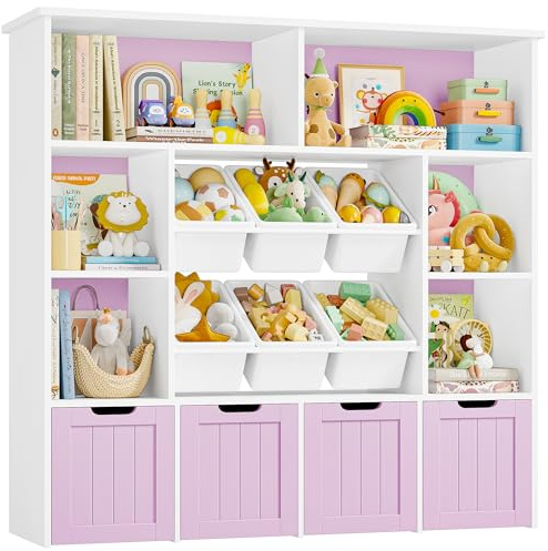 FOREHILL Kids Toy Storage Unit Kids Bookshelf with 6 Removable Toy Boxes | Childrens Bookcase, Nursery Toy Organiser, 4 Drawers with 360° Swivel Wheels 6 Open Shelves 125x33x121.5cm White+Light Purple