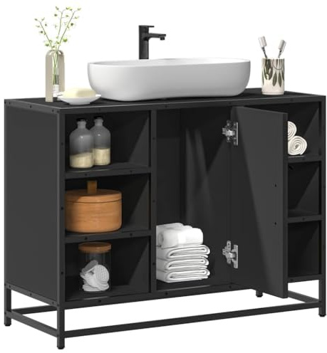IBUQDDV Mobile Lavabo Bagno con Struttura Metallo, Mobile Bagno Design Industriale Retro, Piano Appoggio Truciolato Resistente, Ampio Spazio Portaoggetti, Colore Nero 80x33x60 cm