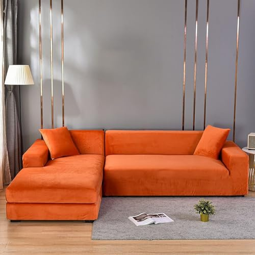 Generisch Plüsch Sofadecke Sofabezug 1 2 3 4 5 Sitzer, Elastisch Velours Ecksofa Bezug, Anti Rutsch Vintage Couch Überzug für U Form/L Form Sektionssofa Universelle,Orange,90 to140 cm