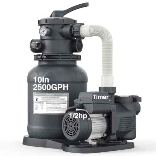 VIDAPOOL - Pompa filtro a sabbia per piscina fuori terra, pompa per piscina fuori terra con timer, filtro a sabbia per piscina con valvola a 6 vie, filtrazione efficiente, 25,4 cm