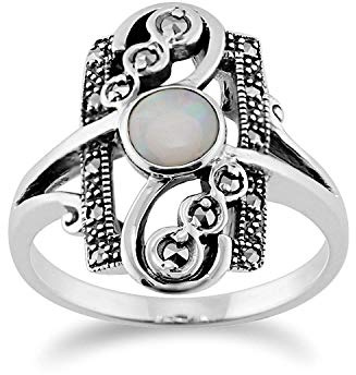 Gemondo 925 Sterlingsilber 0.28ct Opal Cabochon & 0.15ct Markasit Klassisch Jugendstil Stil Ring