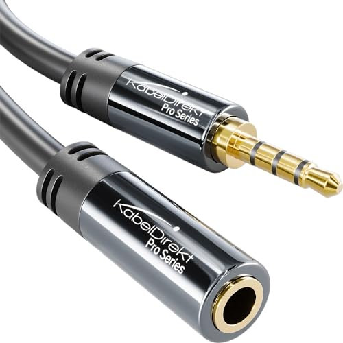 KabelDirekt 10m Cable de Extensión 3,5mm 4 Pin Jack (Cable Aux, Audio Estéreo, Conector Macho a Conector Hembra, soporta tono de micrófono, para extender cables de auriculares), PRO Series