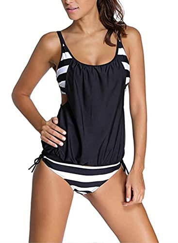 Aleumdr Tankini Damen bauchweg Bademode Set zweiteilig Push up mit Einstellbarer Bikinislip Tankini Top Soft Cups, Schwarz gro?e Streifen, Large(EU44-EU46)