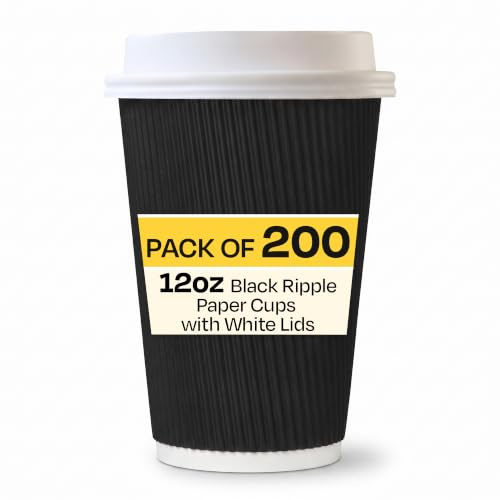 We Can Source It Ltd – 12oz Disposable Black Ripple Paper Cups with White Lids – Insulated Black Paper Cups with 3 Ply Construction – for Tea, Coffee, Hot Drinks– 200Pc