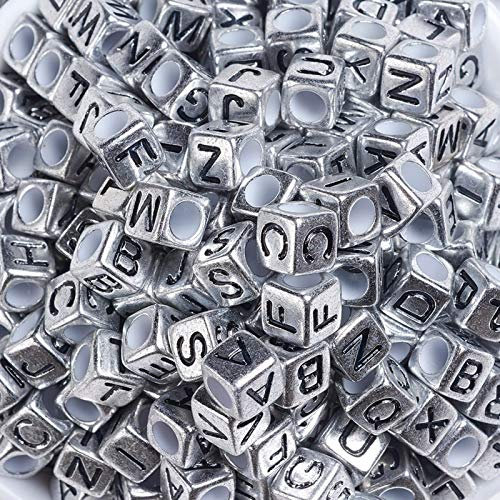 Craftdady Acrylperlen, würfelförmig, Antik-Silber, Schwarz, Initiale, Alphabet, großes Loch, europäische Perlen für DIY, Freundschaftsarmband, Schmuckherstellung, 295 Stück