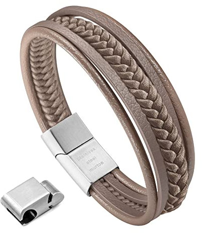 murtoo Herren Armband Edelstahl Echtleder Armband Naturstein Geflochten Mit Magnet Verschluss (22.5cm, cappuccino beige)