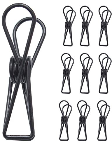 Clip creux à ressort en métal,Pince à linge queue de poisson en métal,Clips utilitaires polyvalents,Inoxydable,Placage,Vêtements,Chaussettes,Documents,Factures(Noir,10 pièces)