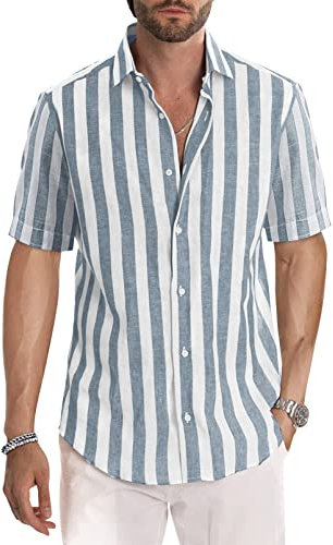 Meilicloth Men's Short Sleeve Shirts Summer Striped Casual Shirt Button Down Regular Fit Tops, Top for Long Lasting Comfort White Grey