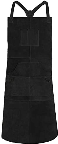 QeeLink Schweißerschürze aus Leder, Arbeitsschürze, Flammhemmende und Hitzebeständig Lederschürze, Mit Verstellbar Cross Back Gurte, 61 x 107cm