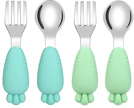 Vicloon Ensemble de Couverts pour Bébé,4pcs Fourchette et Cuillère Enfant Prise Facile Acier Inoxydable pour Tout-Petit Stensiles d'apprentissage Parfaits