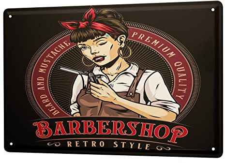 Blechschild Retro - Vintage Metall-Poster für das Wohnzimmer - Friseur Frau Zwinkern Motiv - 20 x 30 cm